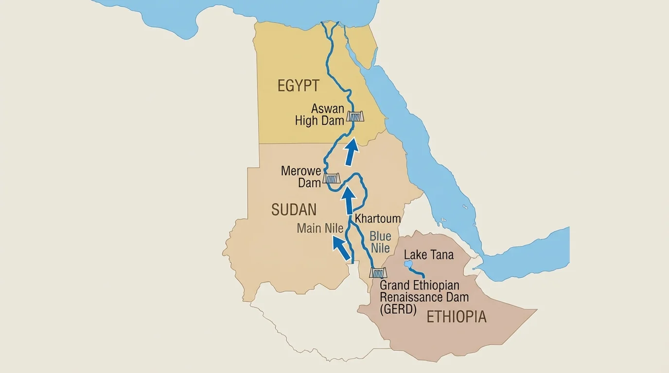 simple map of the Nile River basin showing Ethiopia, Sudan, Egypt, the Blue Nile and main Nile, major dams, and arrows indicating downstream flow