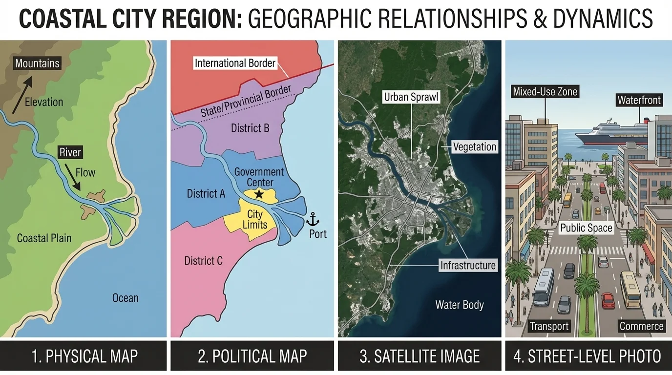 side-by-side comparison of the same coastal city region as a physical map, political map, satellite image, and street-level photograph with short labels for terrain, borders, land use, and urban life