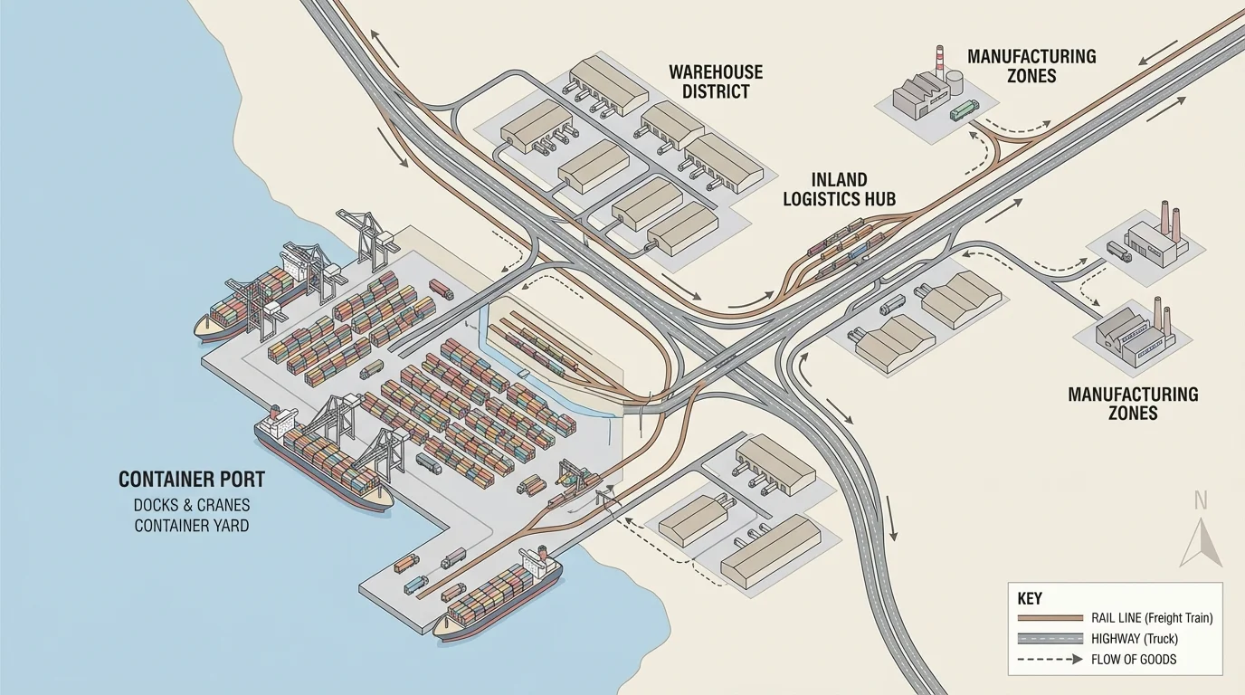 map of a major container port region with the port, rail lines, highways, warehouses, inland logistics hubs, and nearby manufacturing zones connected in a distribution network