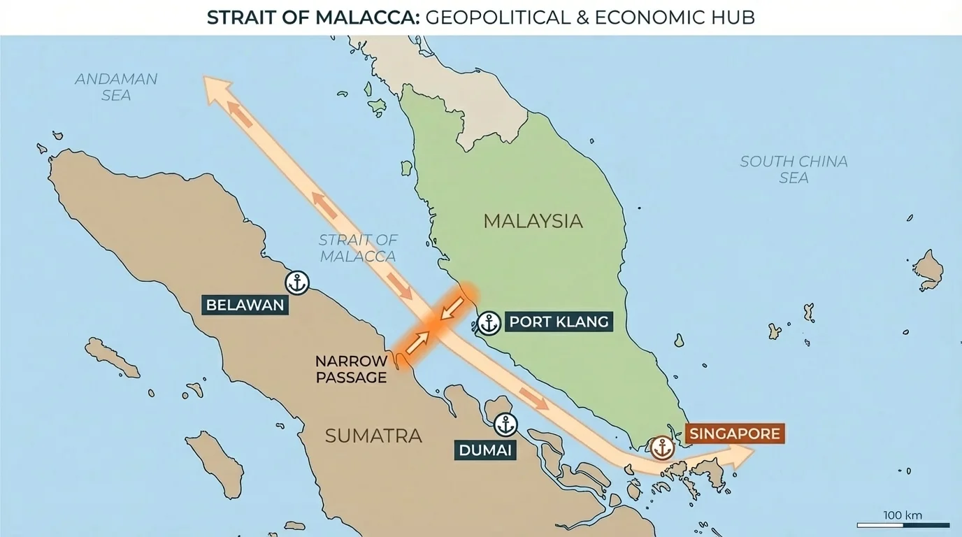 map of the Strait of Malacca with surrounding countries, major ports, a highlighted shipping lane, and the narrow passage emphasized