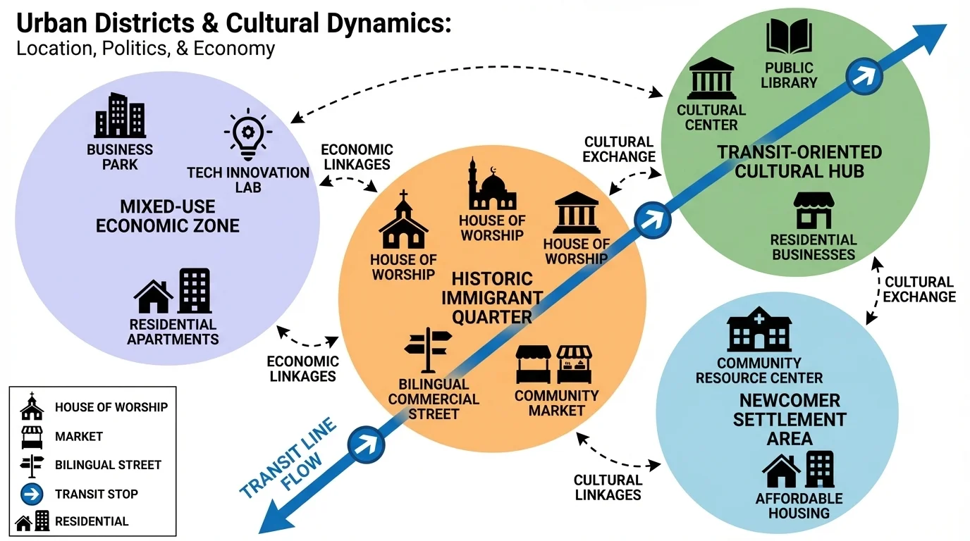 map of a metropolitan area showing immigrant neighborhoods, transit lines, houses of worship, markets, and bilingual commercial streets clustered in distinct districts
