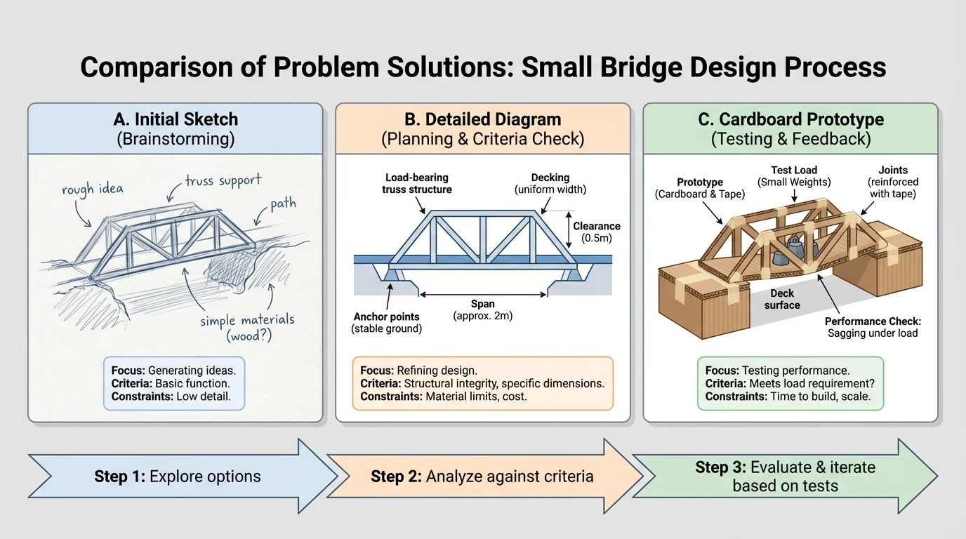 three side-by-side models of the same small bridge idea, including a sketch, a labeled diagram, and a cardboard prototype