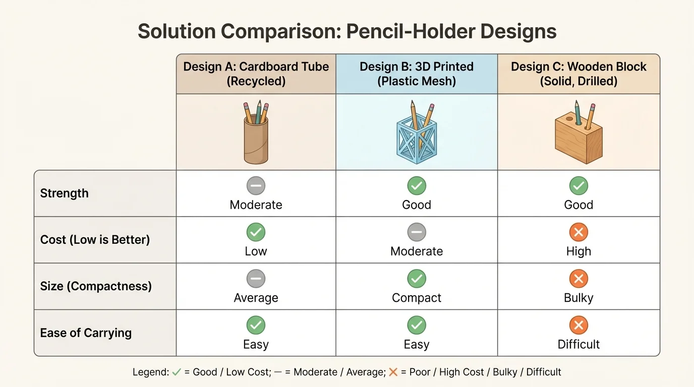 comparison chart for three pencil-holder designs with rows for strength, cost, size, and ease of carrying, using check marks or simple scores
