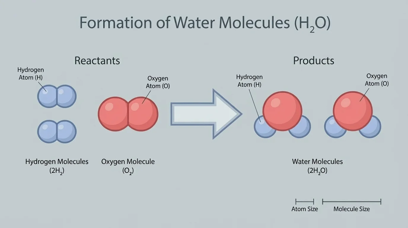 Flowchart of hydrogen molecules and oxygen molecules rearranging into water molecules, with atom counts matching on both sides