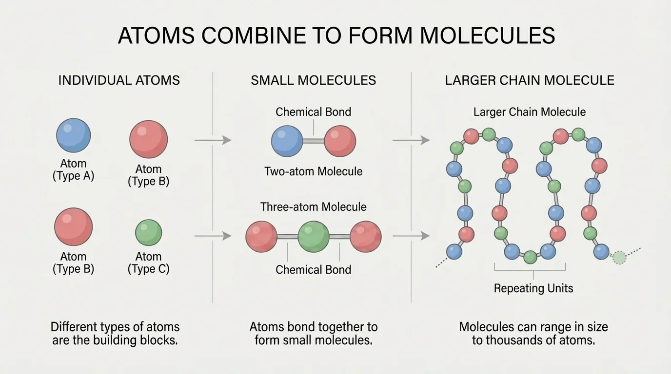 Diagram showing individual atoms joining to form a two-atom molecule, a three-atom molecule, and a larger chain molecule with color-coded atom types