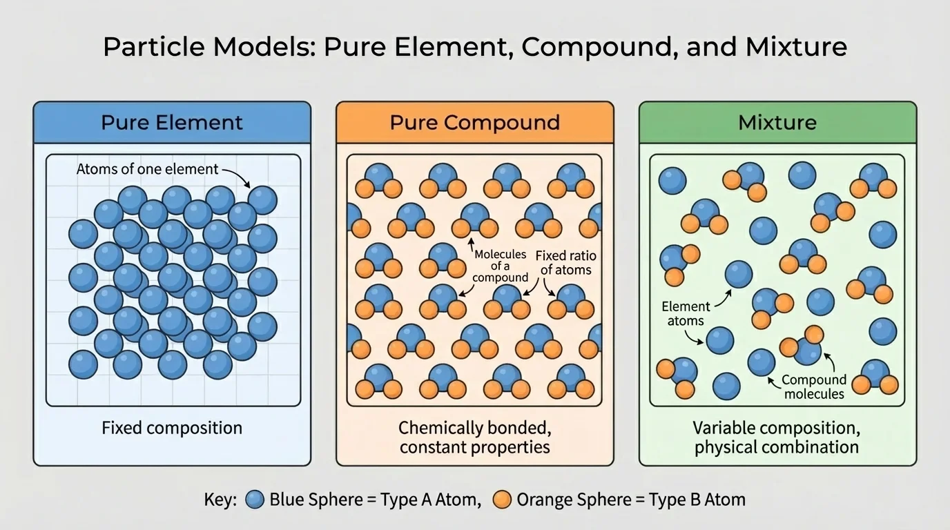 Chart comparing particle models of a pure element, a pure compound, and a mixture with simple color-coded spheres