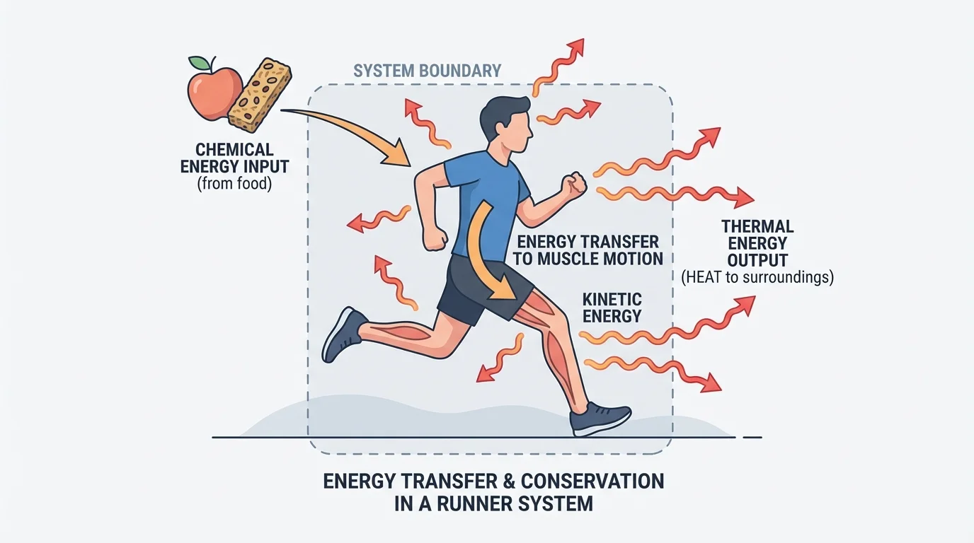 Runner as a system with arrows showing chemical energy from food entering the body, energy transfer to muscle motion, thermal energy leaving to surroundings, and a labeled system boundary