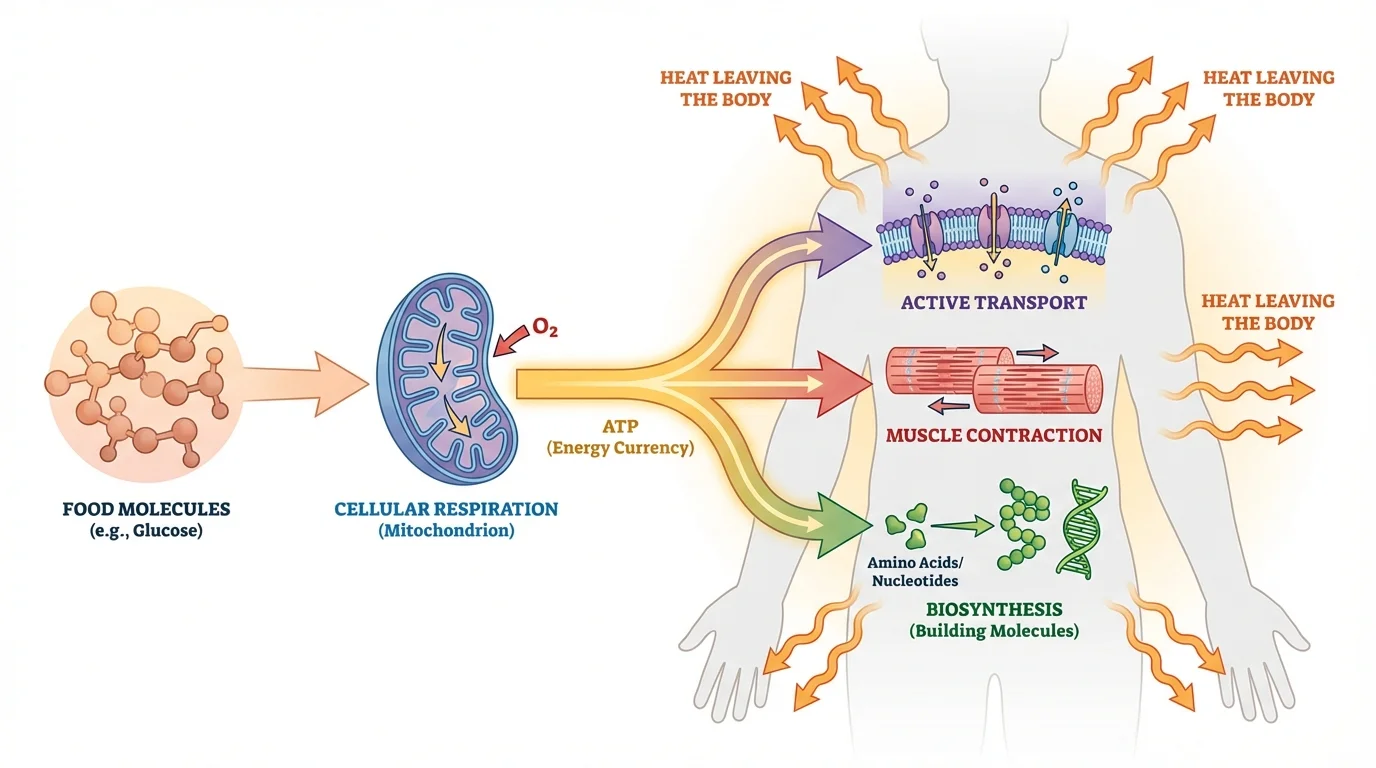 Food molecules to cellular respiration to ATP to active transport, muscle contraction, biosynthesis, and heat leaving the body