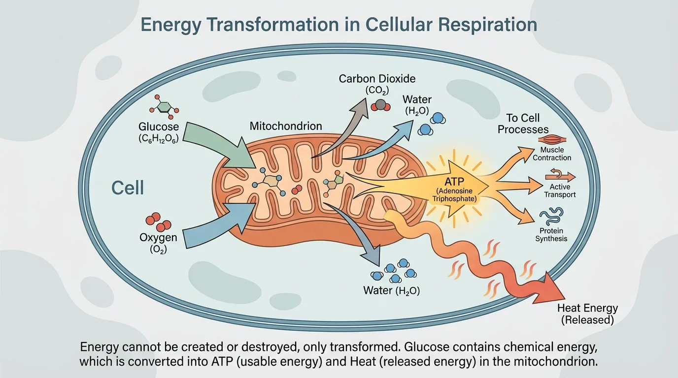 Cell with labeled mitochondria; glucose and oxygen entering mitochondrion; carbon dioxide and water leaving; ATP sent to cell processes; heat released