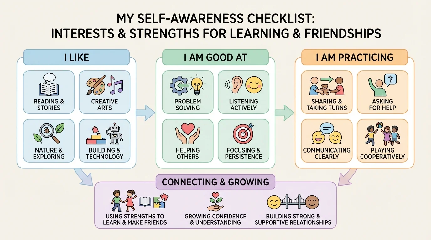Flowchart-style self-awareness checklist for a child: I like, I am good at, and I am practicing, with simple icons for hobbies and social skills.