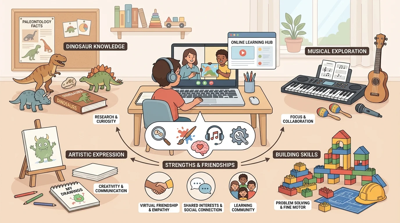 Illustration of a young child learning at home using favorite interests like dinosaurs, drawing, music, and building toys during online learning.