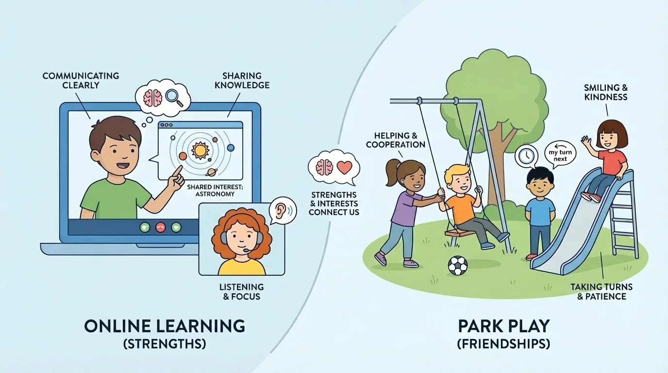 Illustration of children on a video call and at a park using strengths like listening, smiling, helping, and taking turns to make friends.