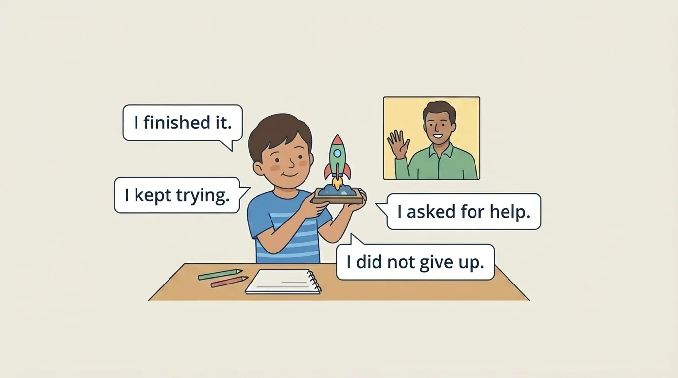 Child on a video call saying "I finished it," "I kept trying," "I asked for help," and "I did not give up"
