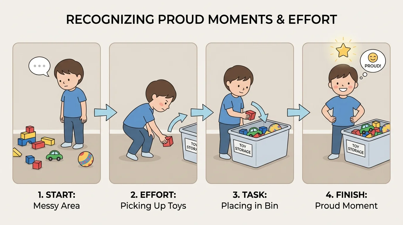 Child putting toys away in steps: toys on floor, picking up, placing in bin, smiling when finished