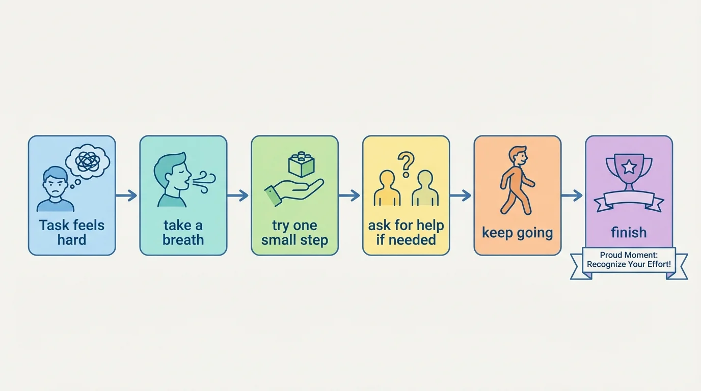 Simple flowchart with boxes: Task feels hard, take a breath, try one small step, ask for help if needed, keep going, finish