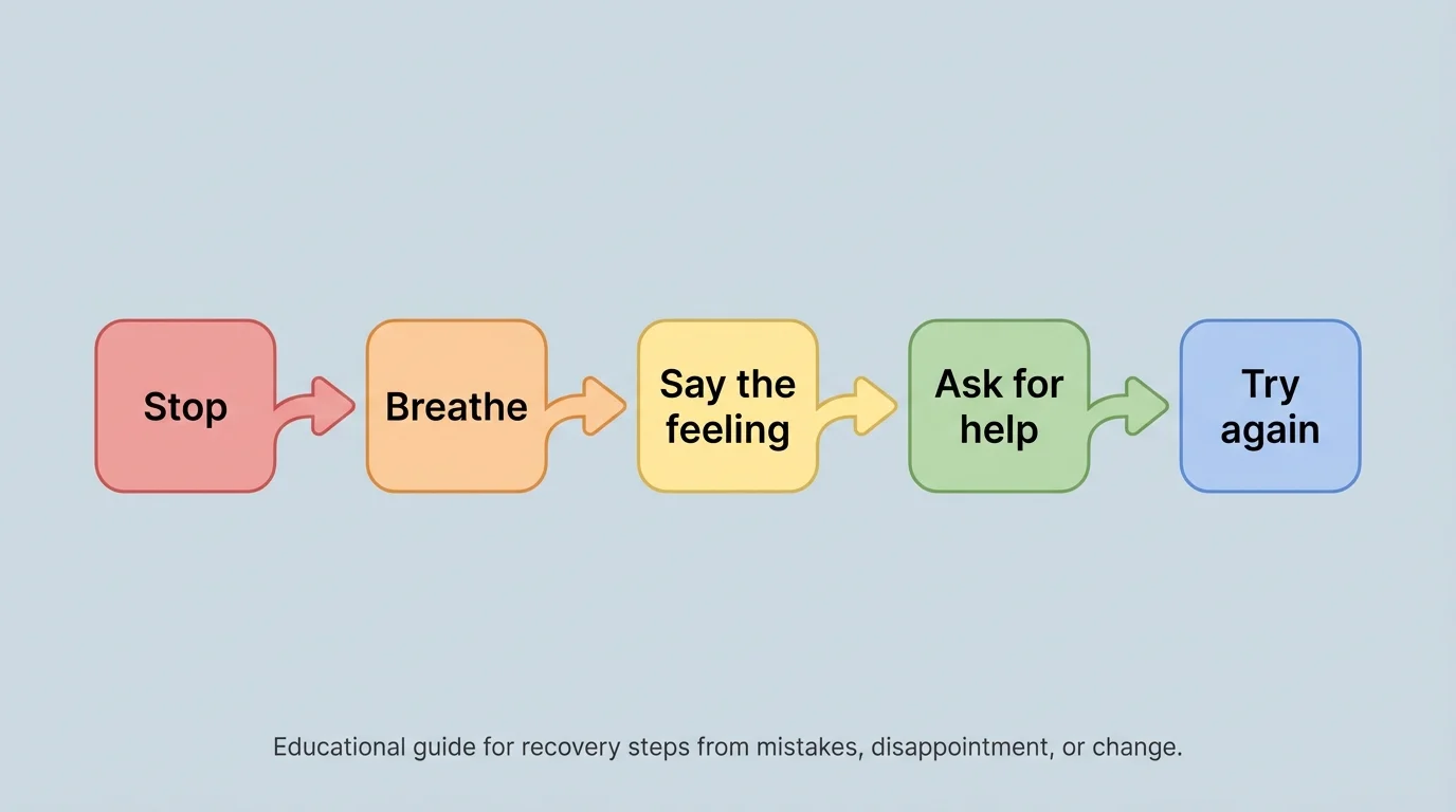 flowchart with boxes labeled Stop, Breathe, Say the feeling, Ask for help, Try again
