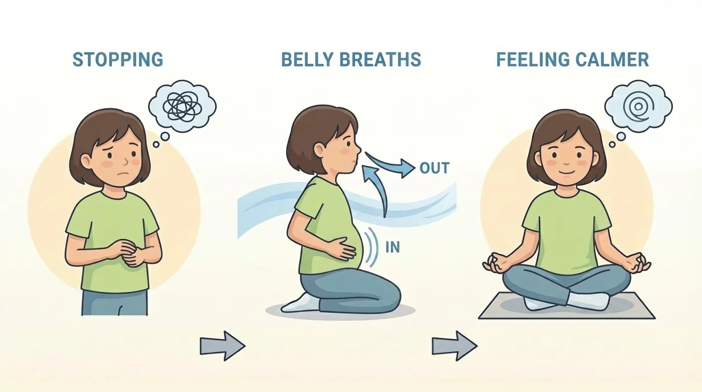child stopping, taking belly breaths, and feeling calmer with simple arrows between steps