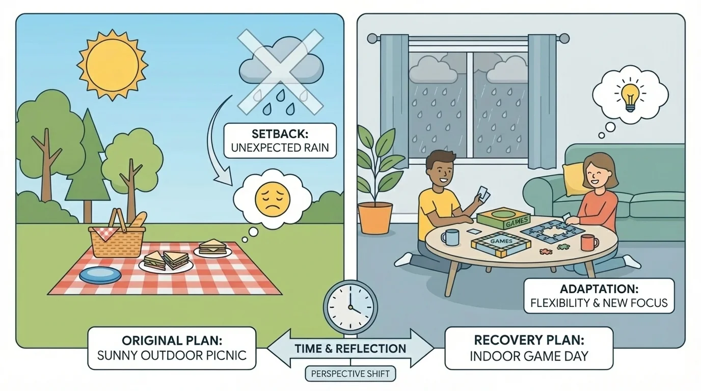 two side-by-side scenes, sunny park plan and rainy indoor game plan, with labels changed and same