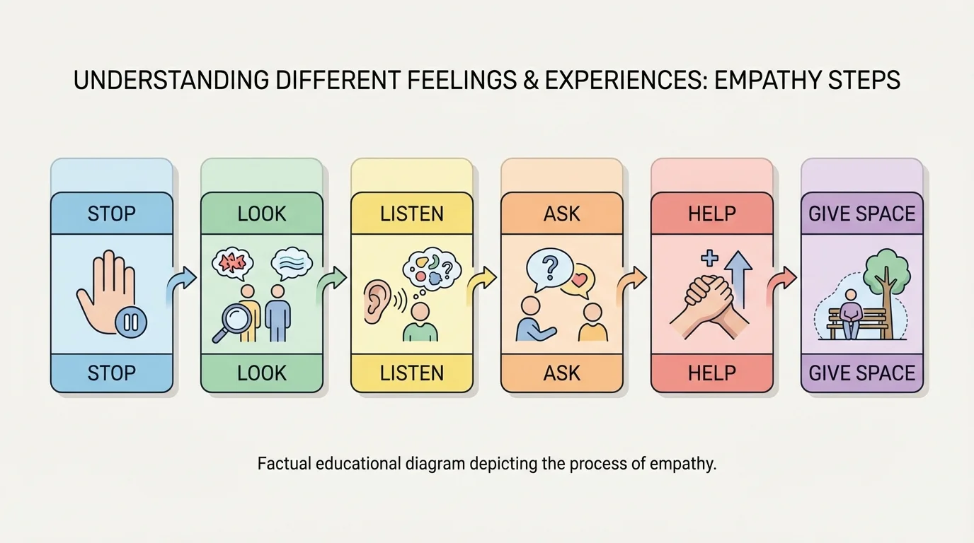 Simple empathy steps in boxes with arrows: Stop, Look, Listen, Ask, Help, Give Space