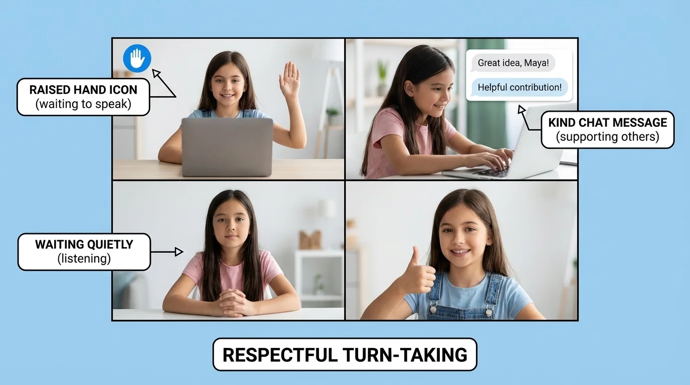 online class screen with several children on video call, one child raising a hand icon, one kind chat message, one child waiting quietly, and a label showing respectful turn-taking