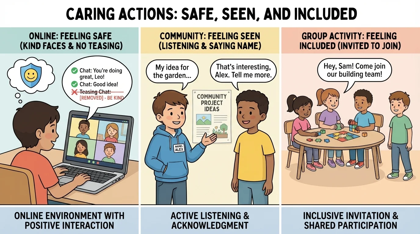 three-panel scene of a child in online and community settings, one panel showing safe with kind faces and no teasing, one showing seen with someone listening and saying the child's name, one showing included with a child invited to join a group activity
