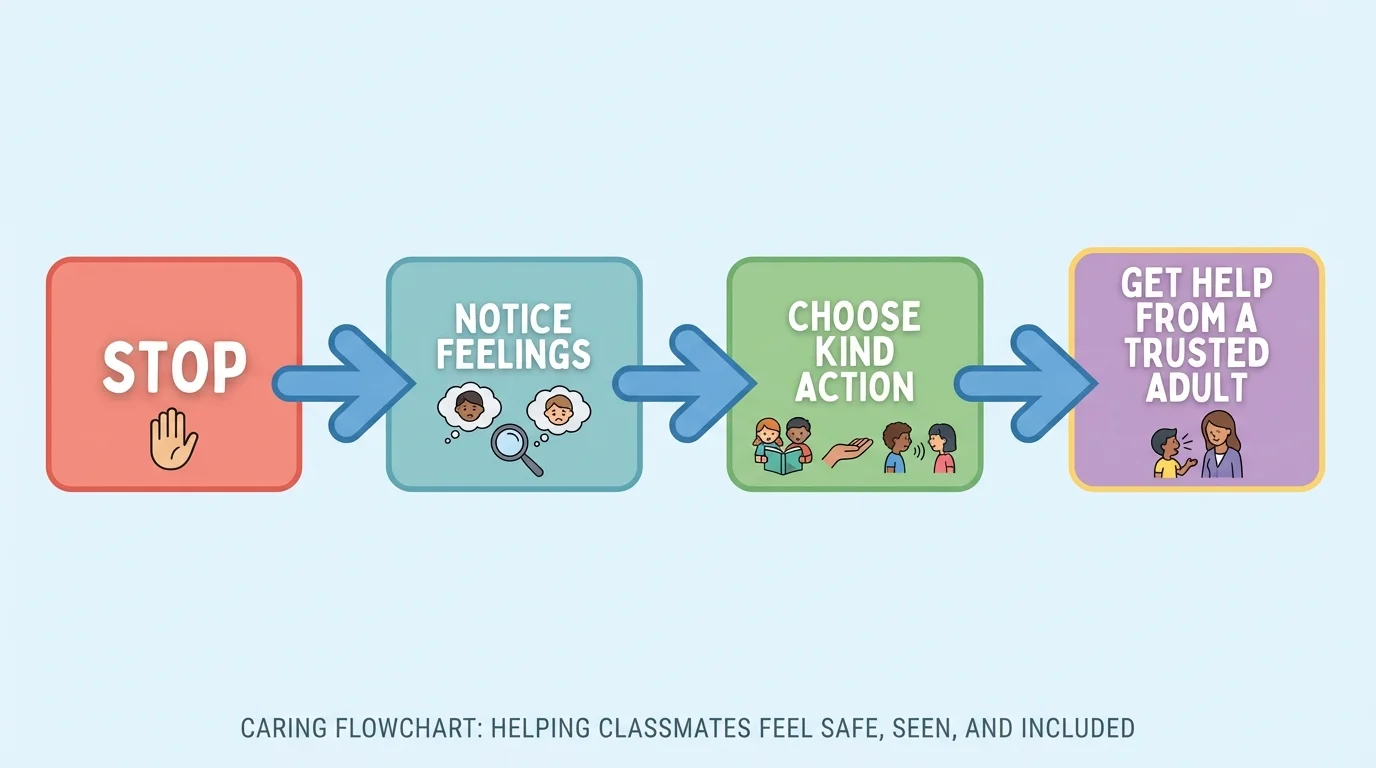 four-step child-friendly flowchart with boxes and arrows labeled stop, notice feelings, choose kind action, get help from a trusted adult