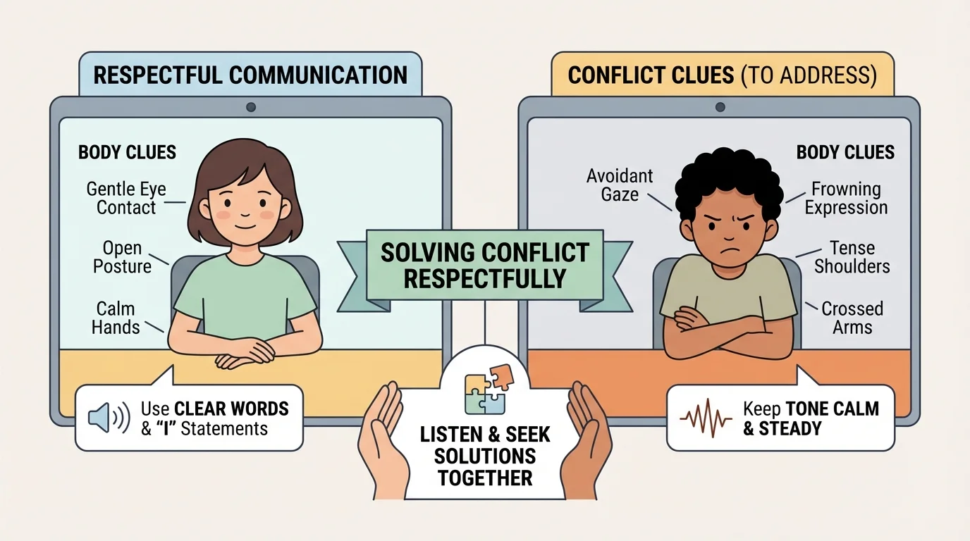 two children on a video call, one sitting straight with gentle face and one frowning with crossed arms, showing body clues