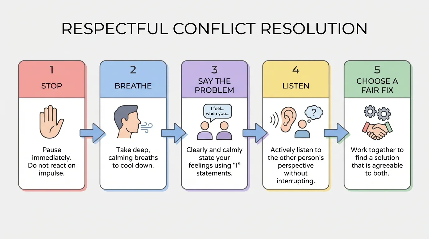 five-step flowchart with stop, breathe, say the problem, listen, choose a fair fix