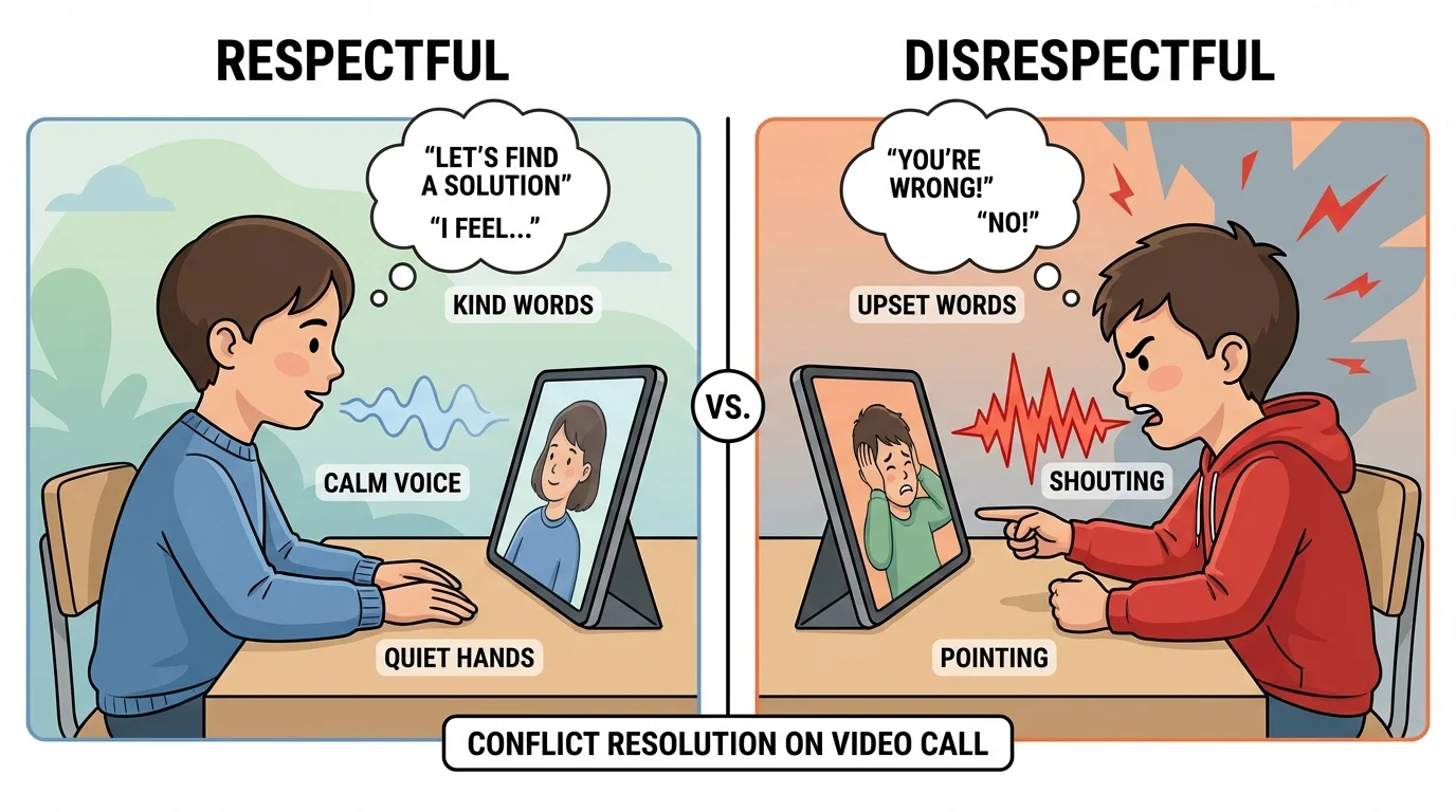 child on video call using calm voice, kind words, and quiet hands versus upset shouting and pointing