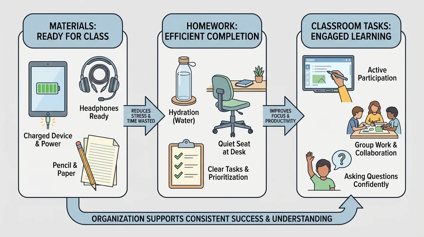 checklist illustration with charged device, headphones ready, pencil, paper, water, and quiet seat at desk