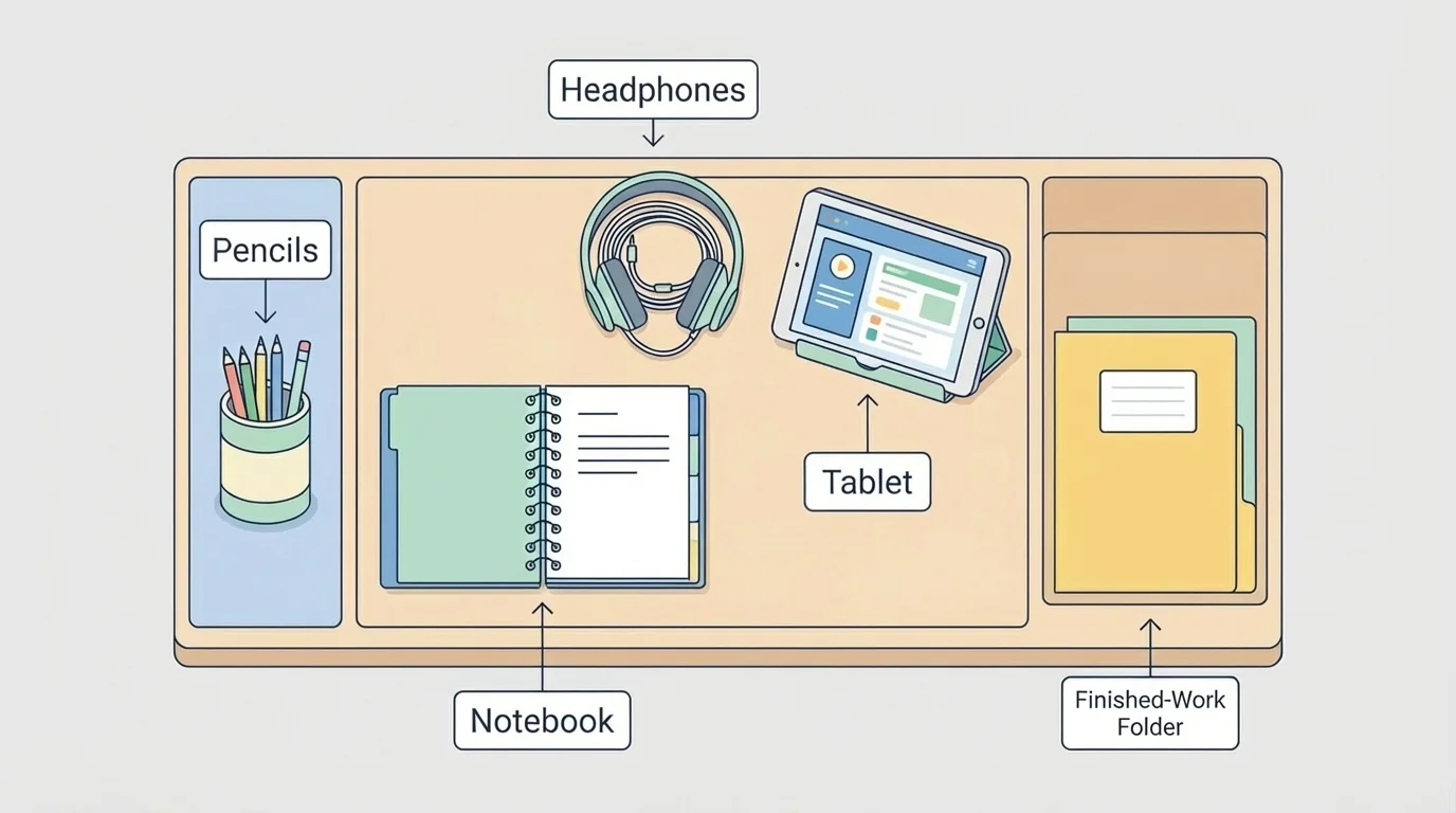child's home study desk with labeled places for pencils, notebook, headphones, tablet, and finished-work folder