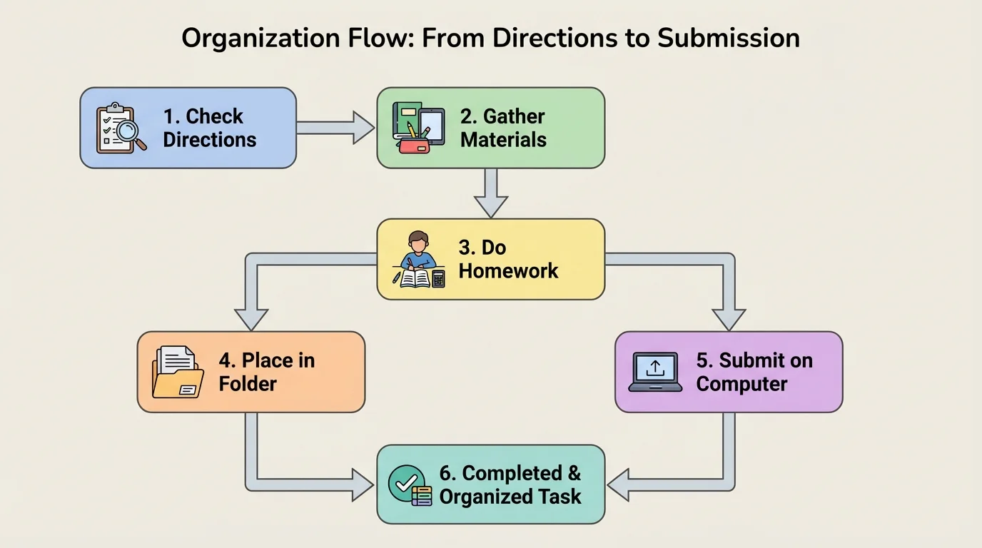 flowchart showing check directions, do homework, place in folder, and submit on computer