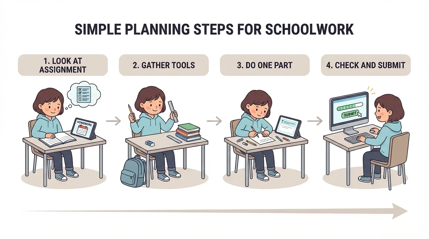 Child at home following four boxes: look at assignment, gather tools, do one part, check and submit on computer