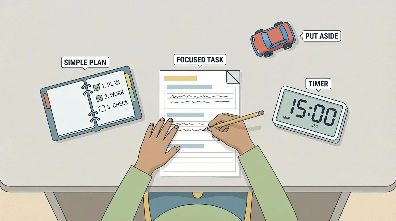 Child working at desk with a timer, one worksheet or screen task, and toy put aside to reduce distractions