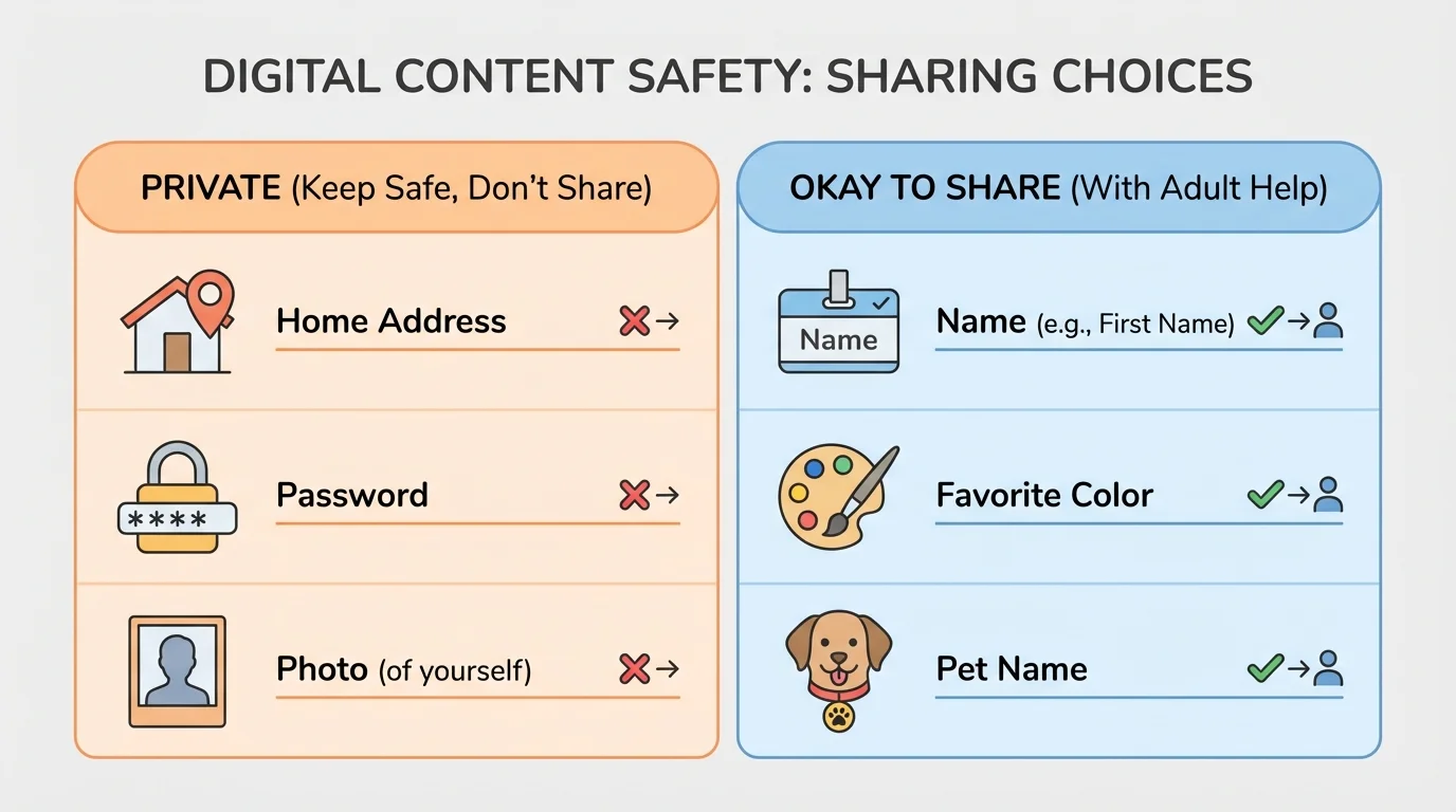 comparison chart with name, home address, password, photo, favorite color, and pet name sorted into private and okay-to-share-with-adult-help