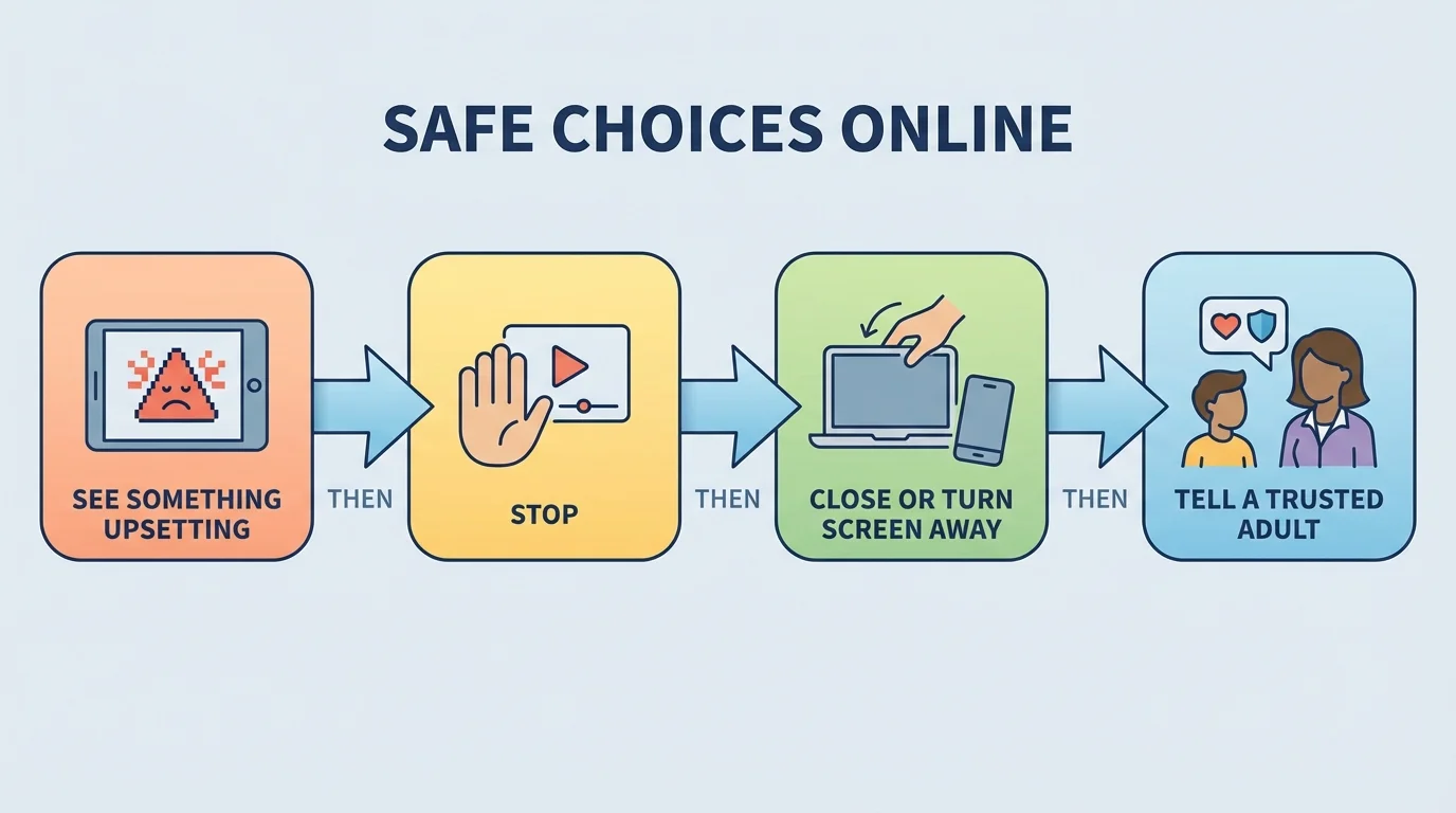 flowchart with steps see something upsetting, stop, close or turn screen away, tell trusted adult