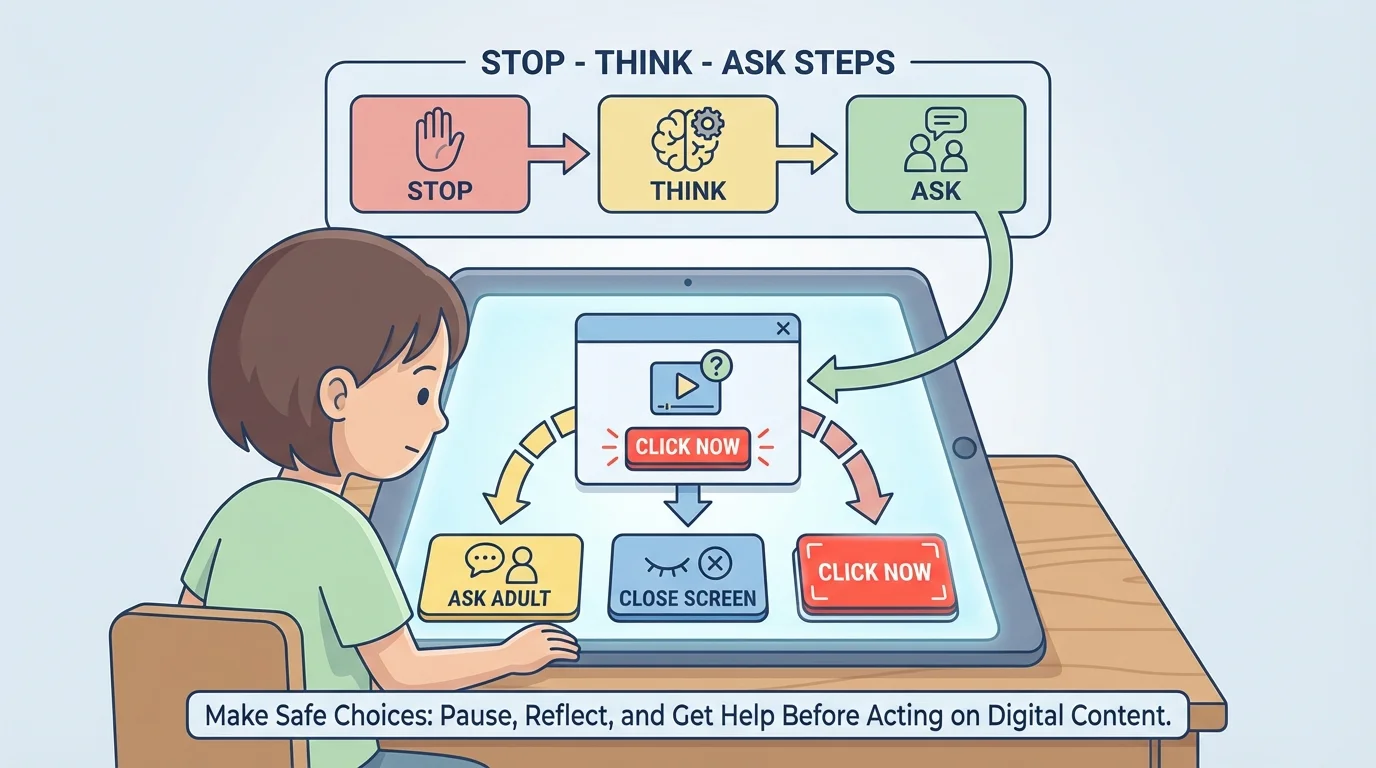 child at a tablet choosing between click now, ask adult, or close screen using stop-think-ask steps