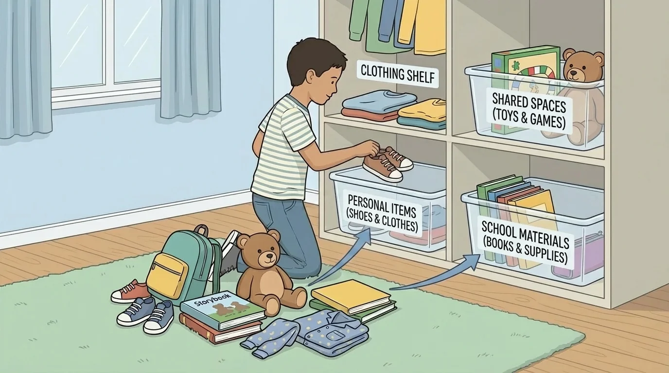 child sorting shoes, books, stuffed animal, and pajamas into clear bins and shelf spots in a bedroom