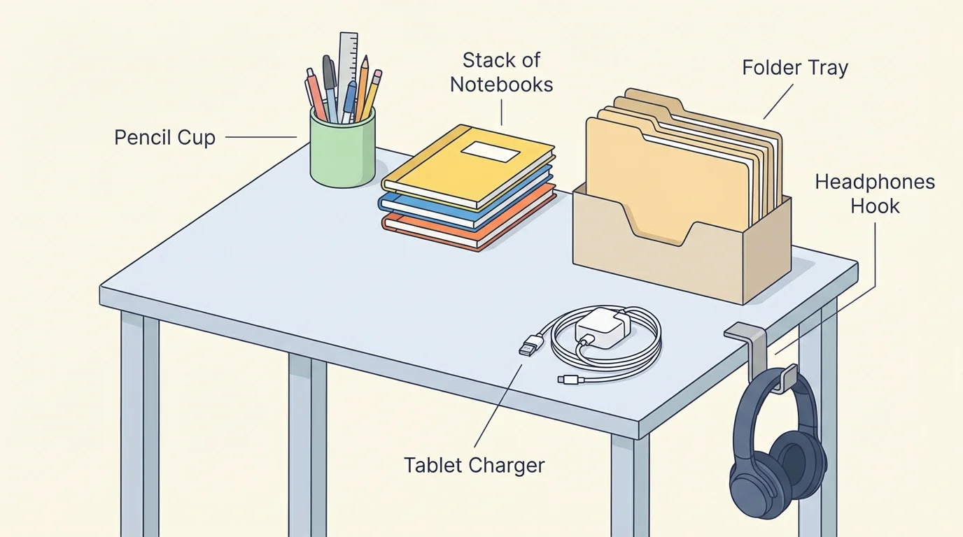 small desk with pencil cup, notebook stack, folder tray, headphones hook, and tablet charger placed neatly