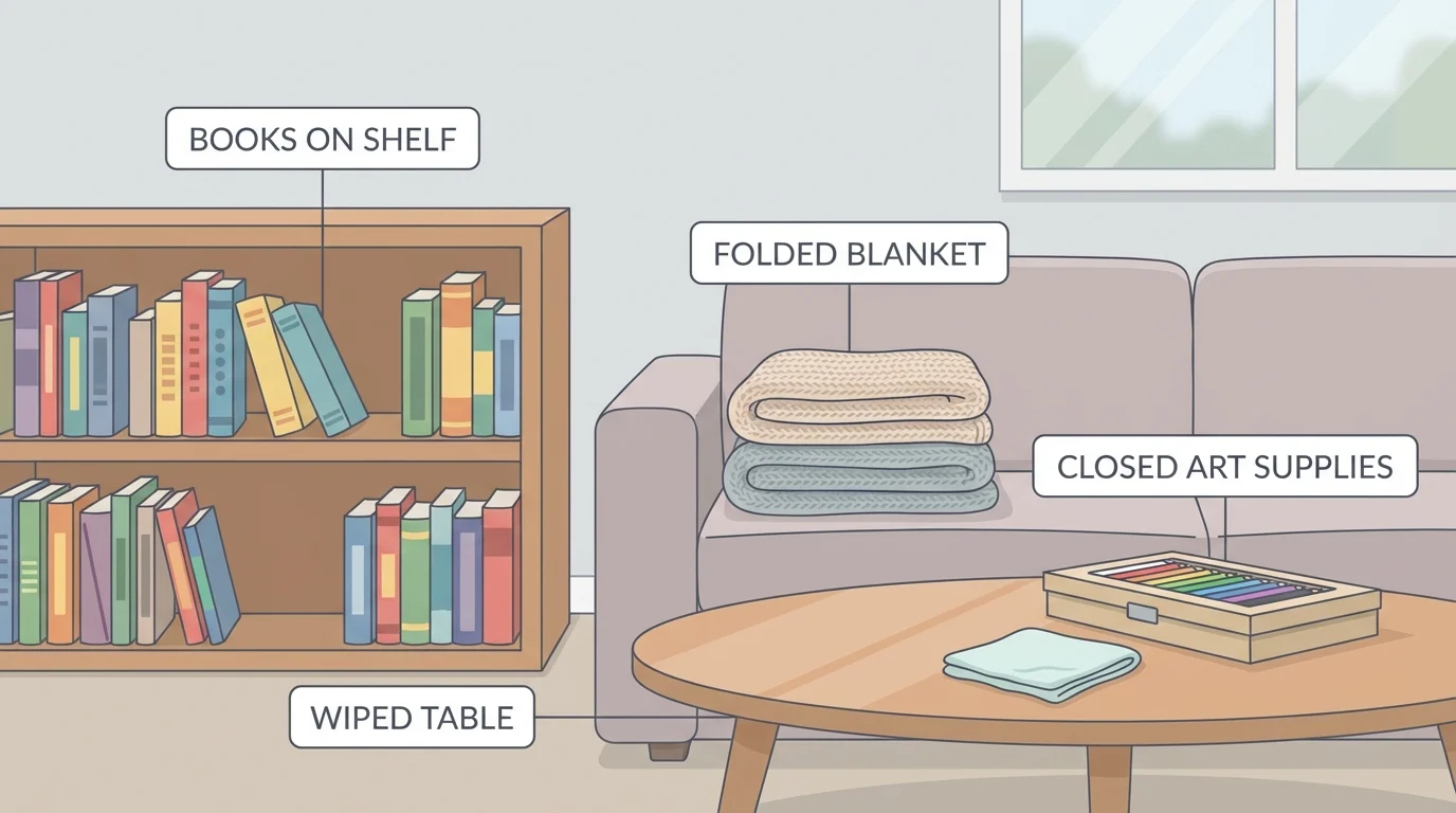 family living room area with books returned to shelf, blanket folded, art supplies closed, and table wiped
