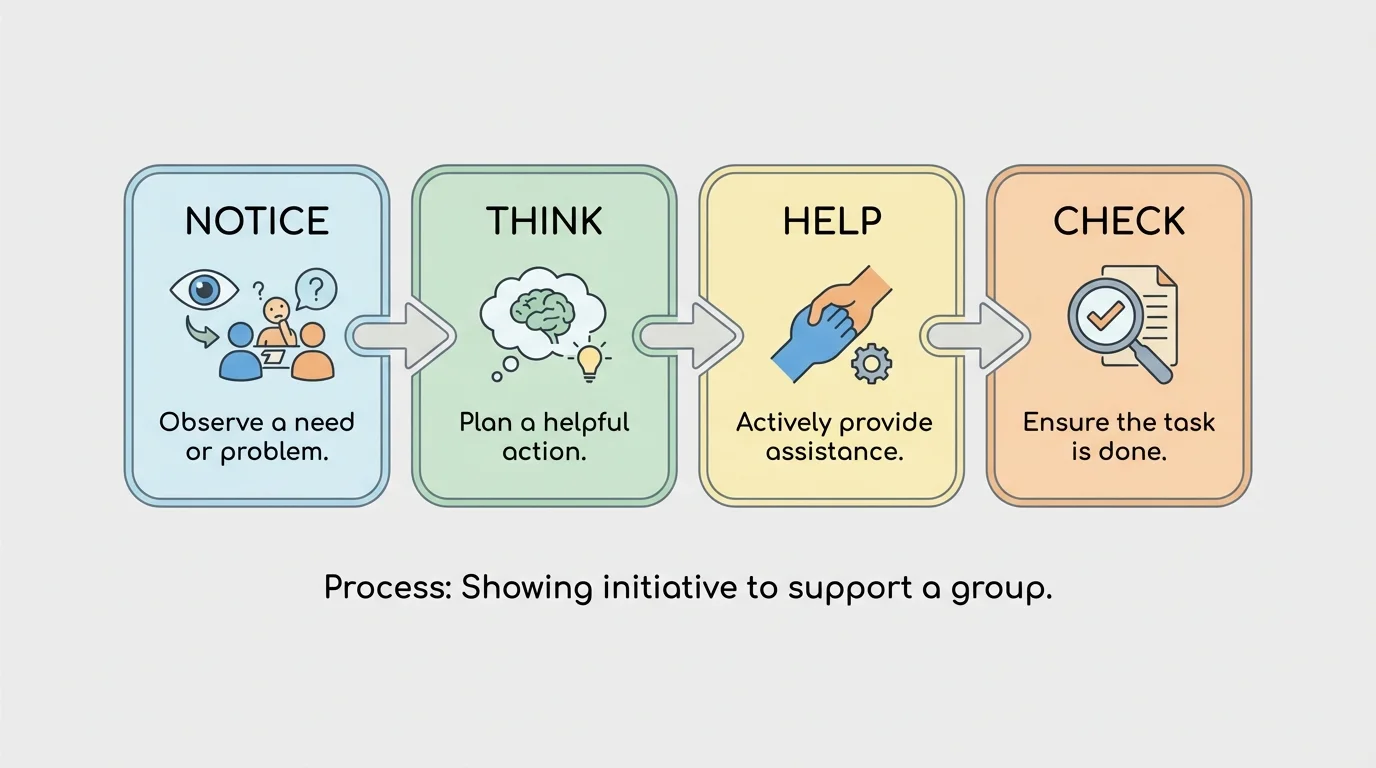 four-step flowchart with arrows and simple labels: Notice, Think, Help, Check