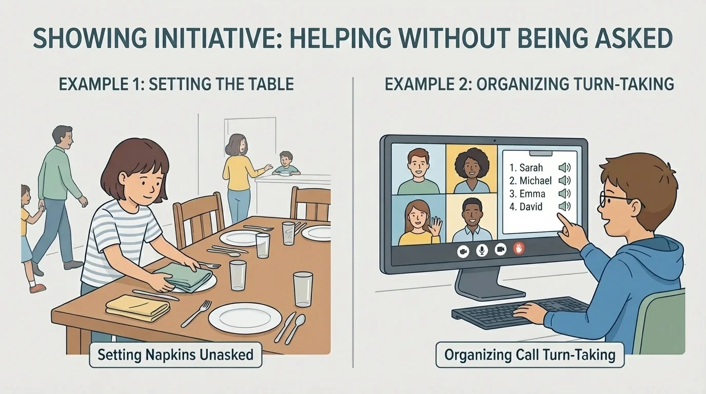 two everyday initiative examples side by side: child setting napkins at a family table and child helping organize turn-taking in a small video call