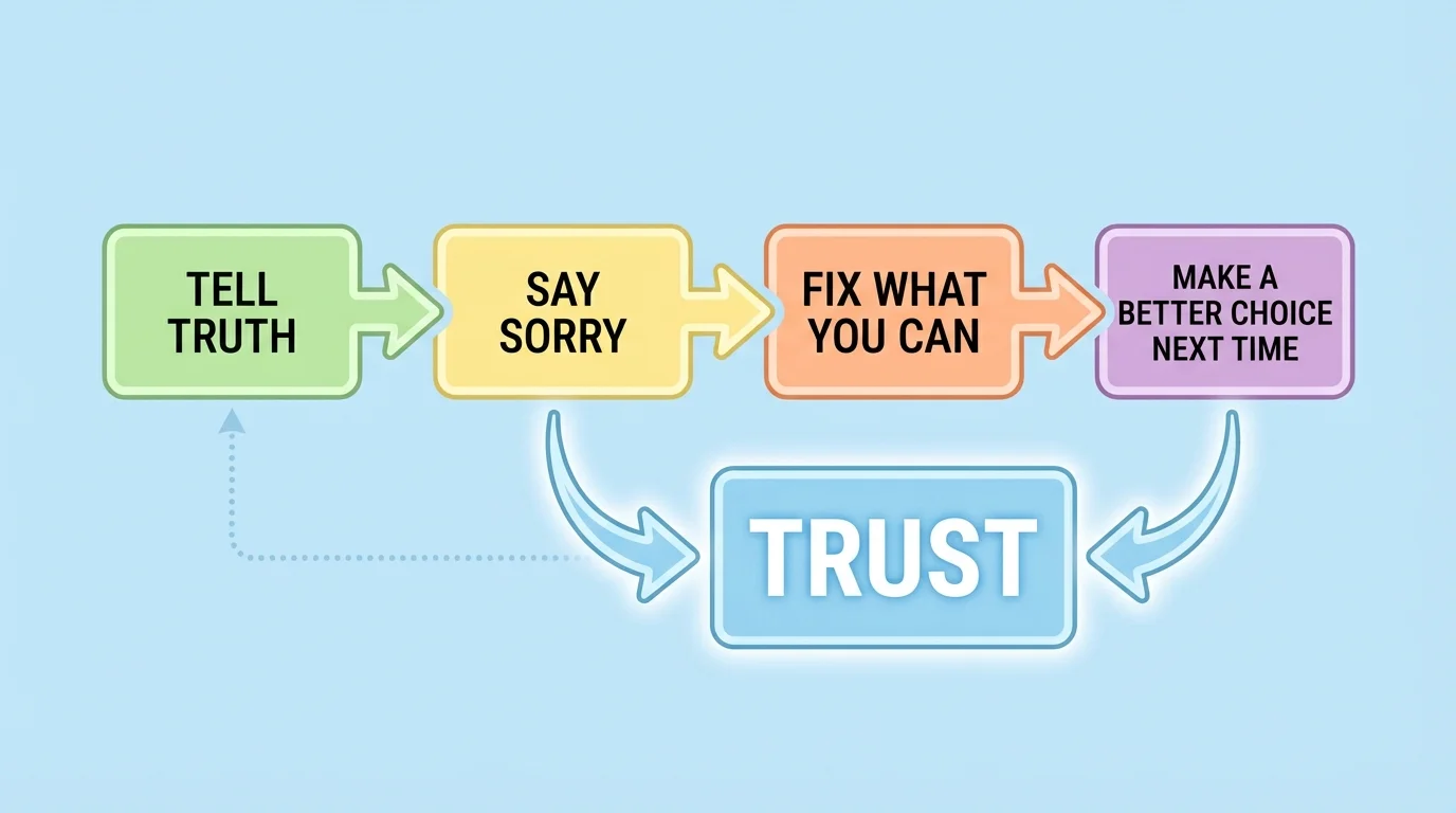 simple boxes with arrows saying tell truth, say sorry, fix what you can, make a better choice next time
