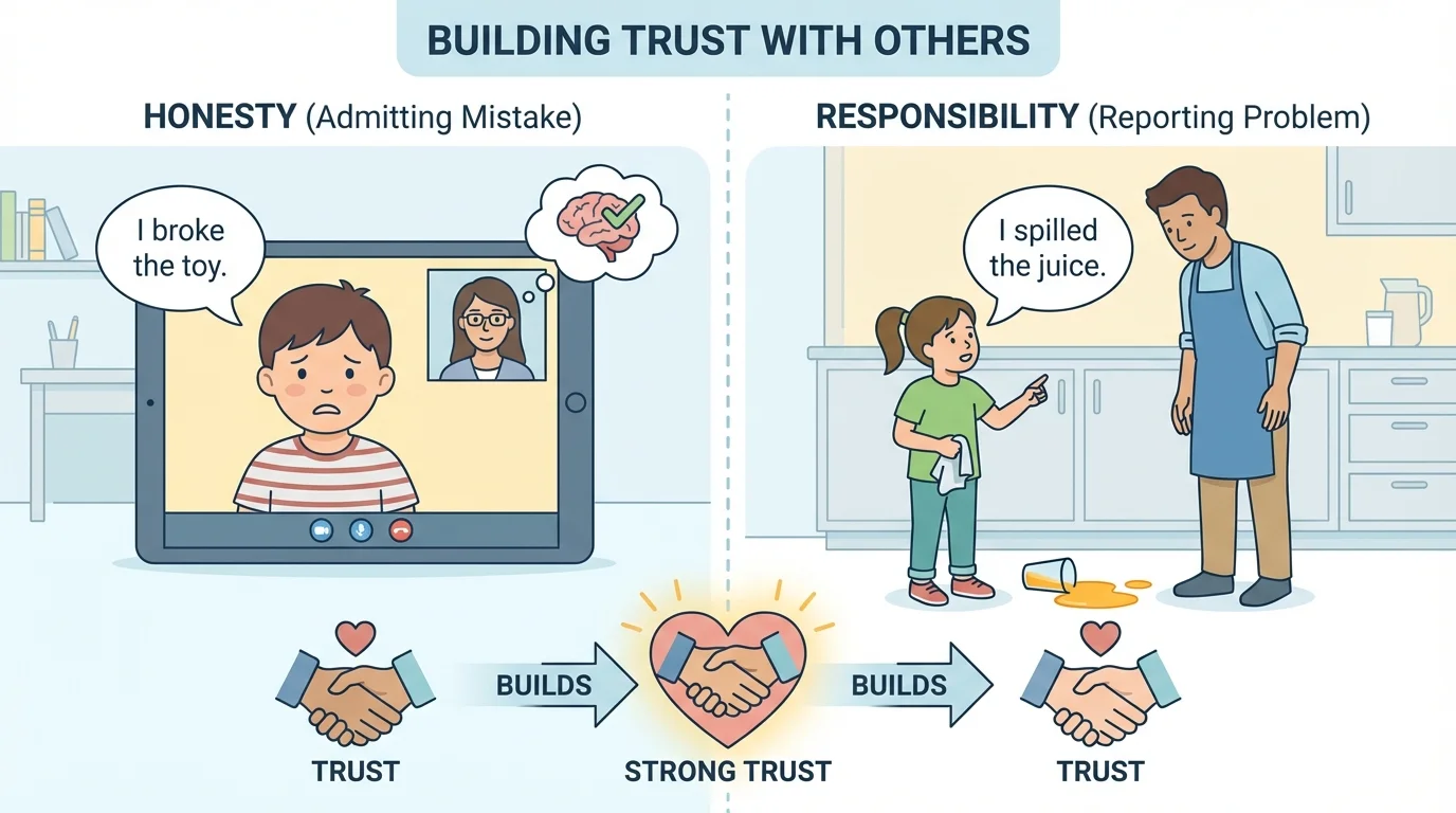 split scene with child on video call admitting a mistake and child telling parent about spilled juice at home