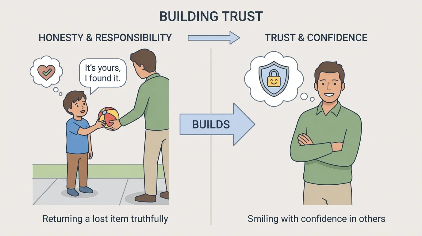 two simple scenes side by side, a child truthfully returning a lost toy and an adult smiling with confidence