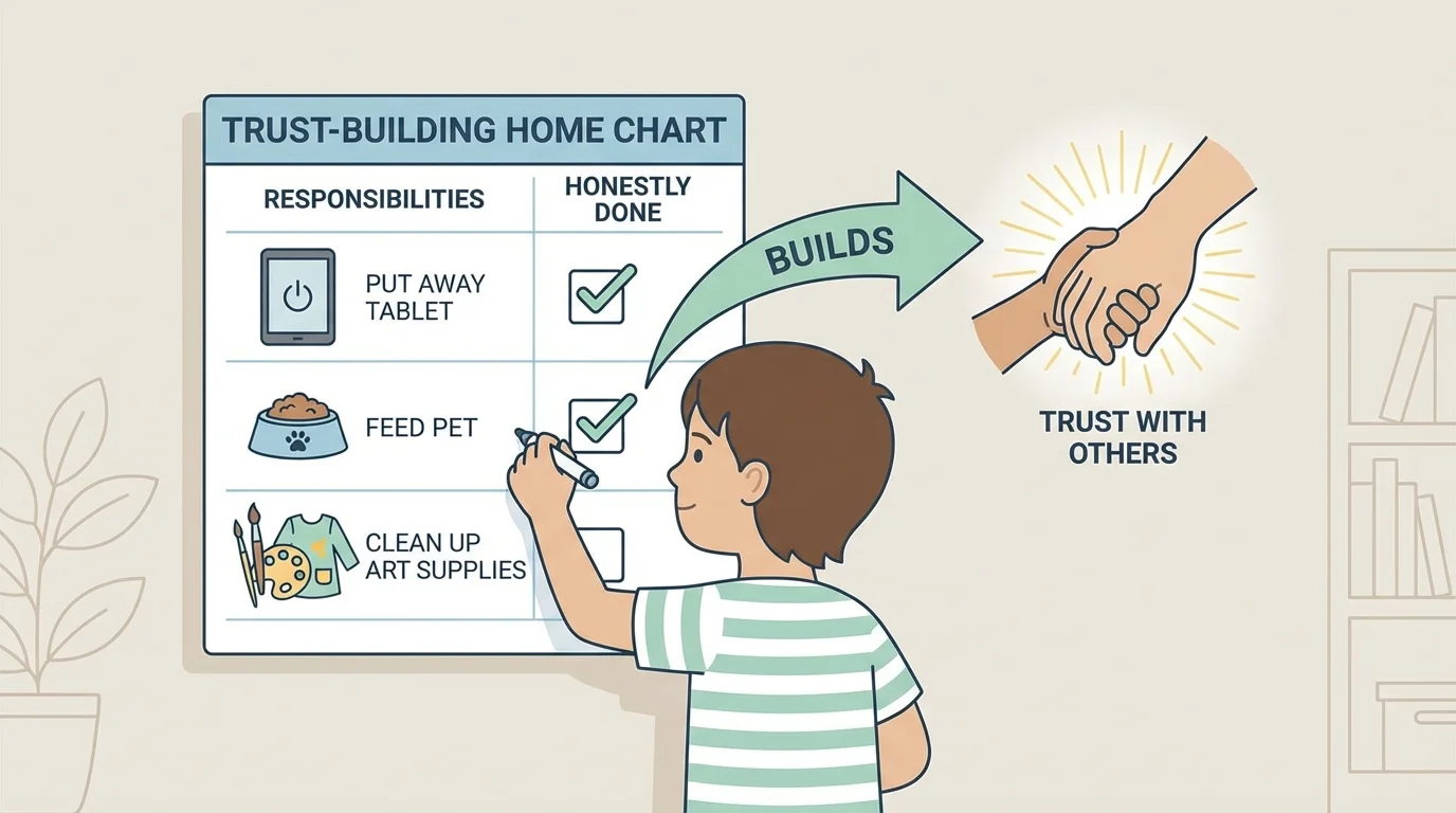 child checking off feed pet, put away tablet, and clean up art supplies on a home chart