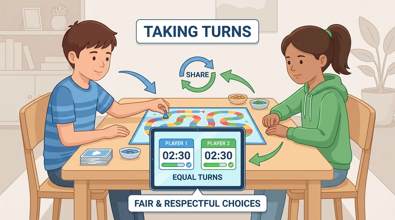 Two children taking turns with a board game at home and a tablet timer showing equal turns