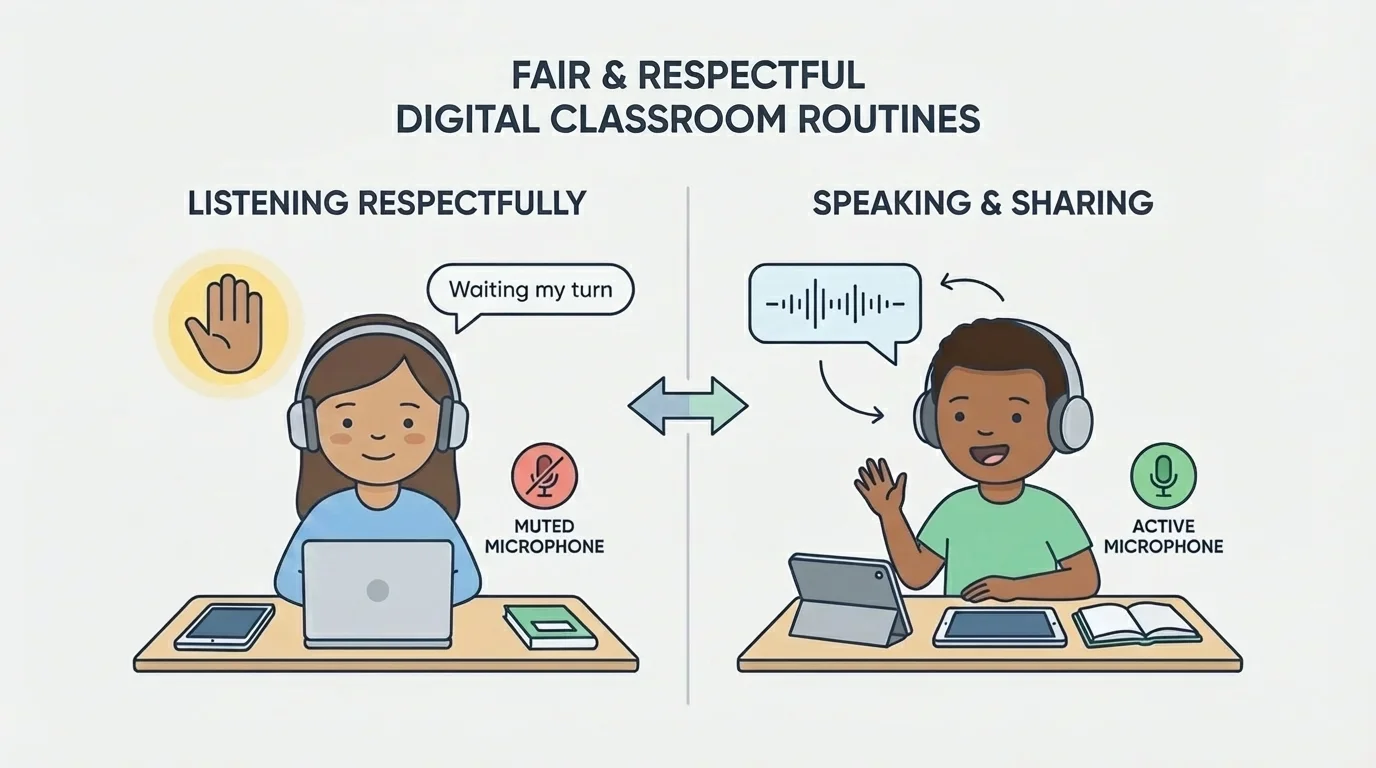 Child on a video call with raised hand icon, muted microphone, and listening while another child speaks