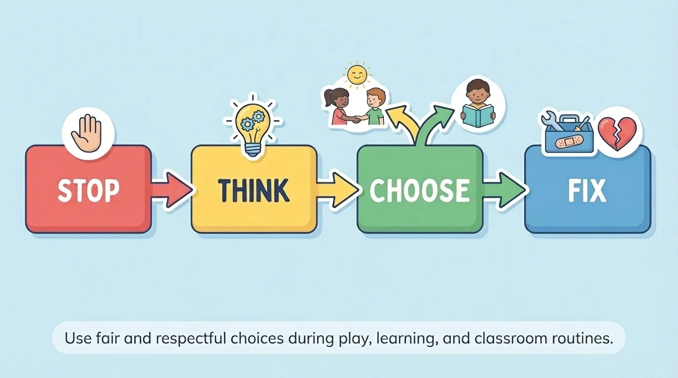 Child-friendly flowchart with four boxes labeled Stop, Think, Choose, Fix connected by arrows