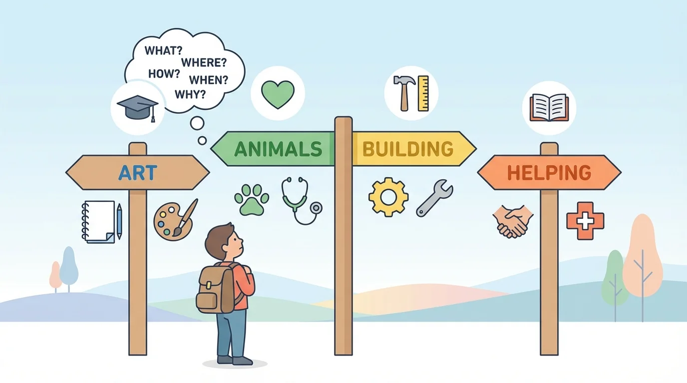 child looking at signposts labeled art, animals, building, helping, with future icons like college cap, tools, heart, and book